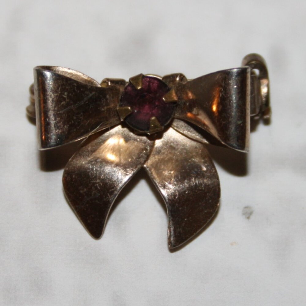 🎀 Vintage Gold & Purple Rhinestone Bow Brooch · 0.75"